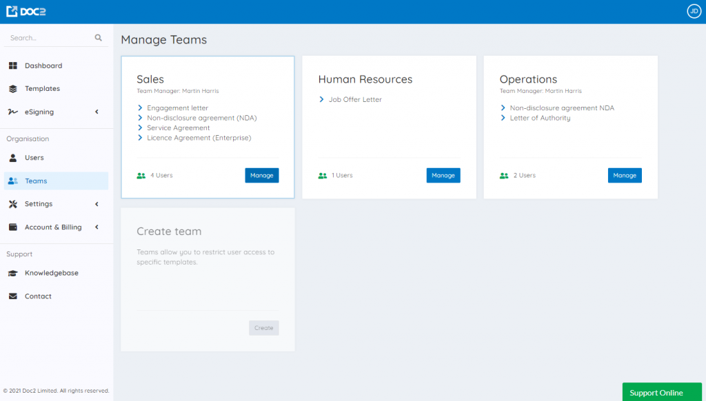 Doc2 team management teams screen