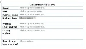 an example of a form in word created with a table