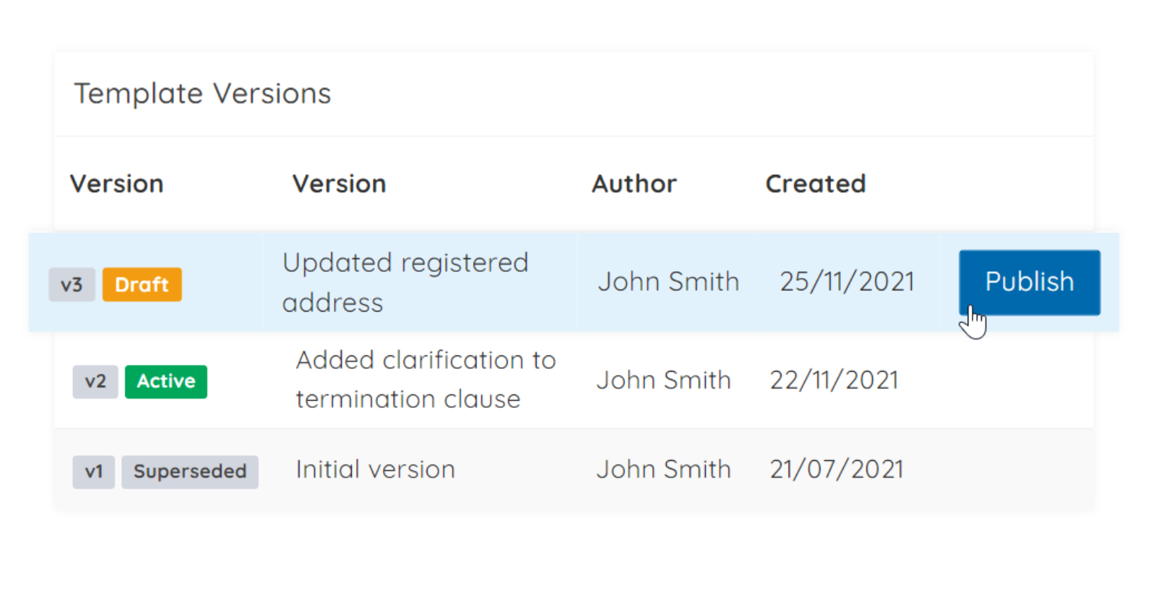 An automated document version control system interface showing a clear list of template versions and their history.
