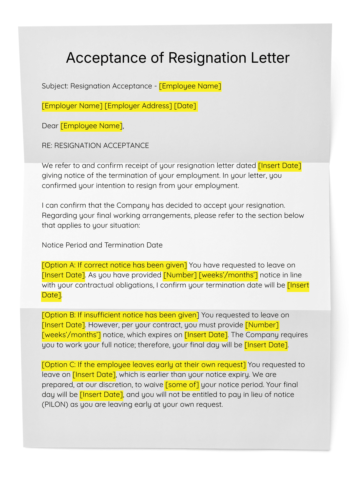 Acceptance of Resignation Letter