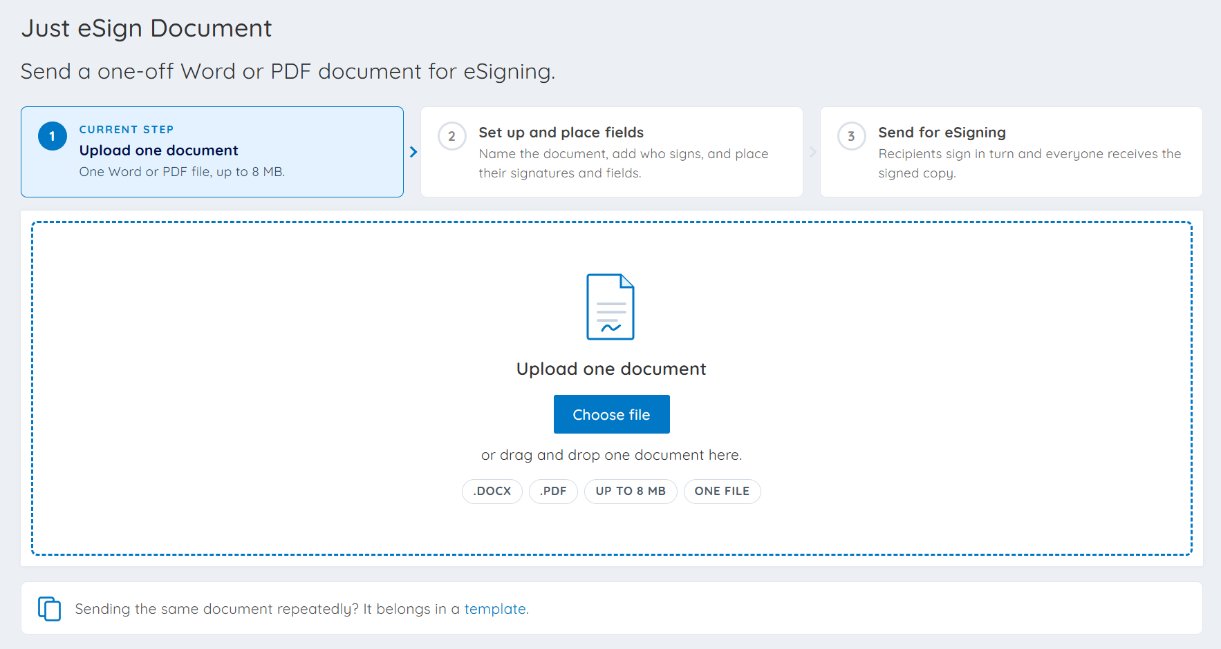 Doc2 Just eSign upload screen showing the three step process for sending a one-off document for signature