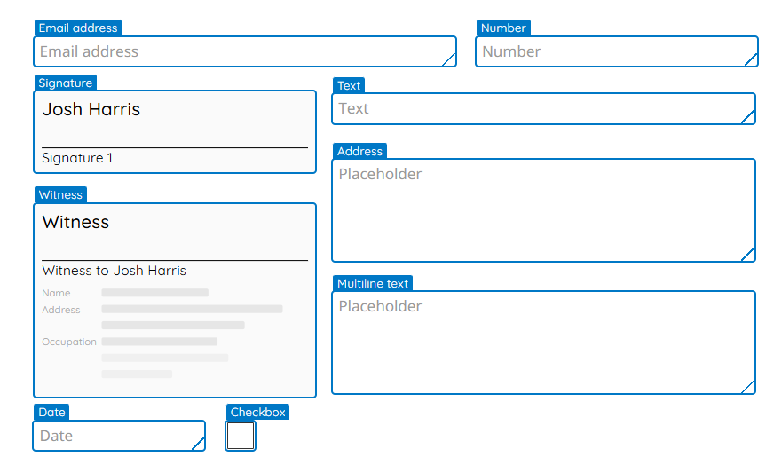 Doc2 Just eSign field types placed on a document, including signature, witness and address fields